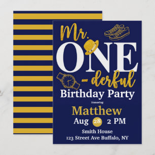 Herr One-derful Navy and Gold Birthday Party Invit Einladung