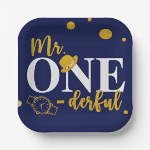 Herr One-derful Navy Blue and Gold Birthday Party Pappteller