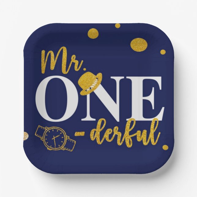 Herr One-derful Navy Blue and Gold Birthday Party  Pappteller (Vorderseite)