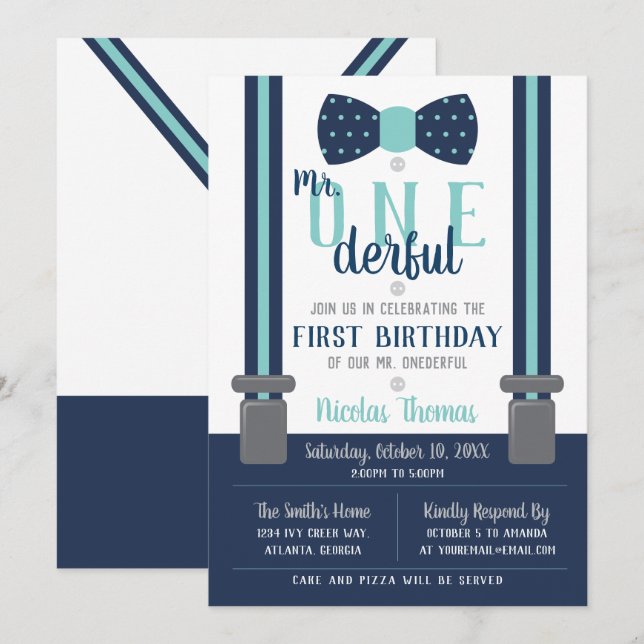 Herr ONEderful Birthday Invitation, Blue, Gray Einladung (Vorne/Hinten)