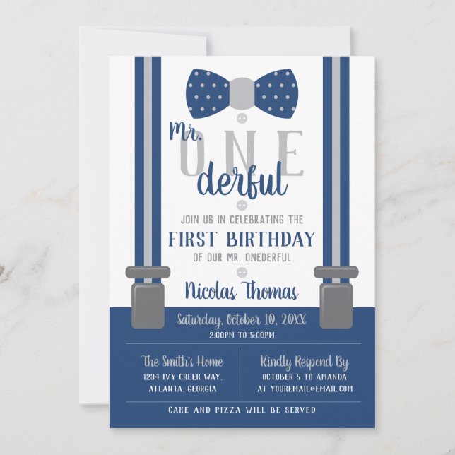 Herr ONEderful Birthday Invitation, Blue, Gray Einladung (Vorderseite)