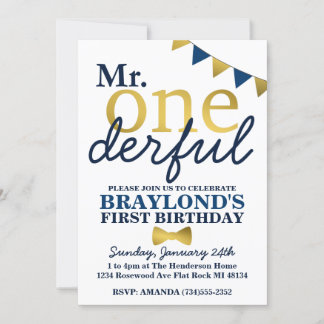 Herr Onederful Blue & Gold 1. Geburtstag Einladung