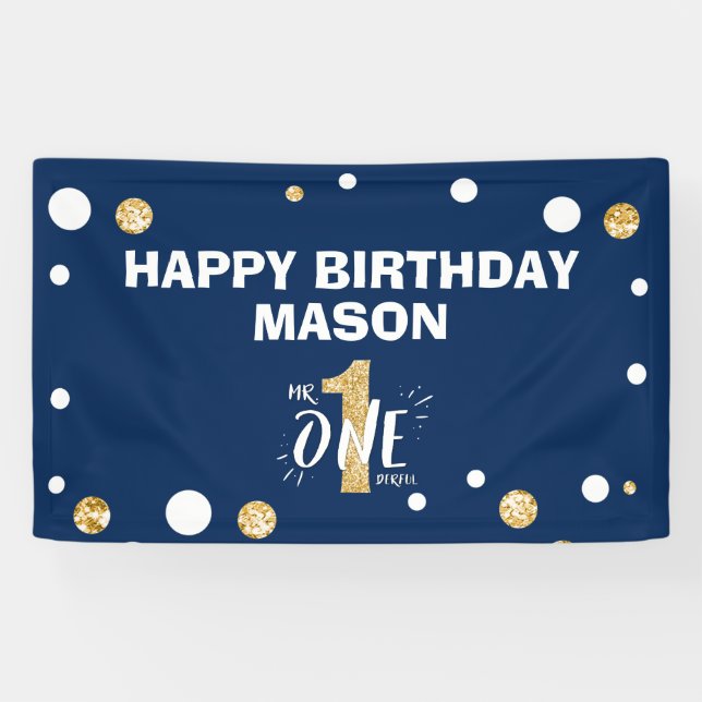 Herr Onederful First Birthday Boy Navy Blue Gold Banner (Horizontal)