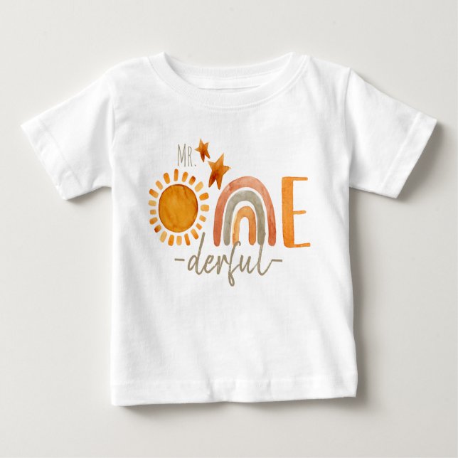 Herr Onederful First Birthday Rainbow and Sun Part Baby T-shirt (Vorderseite)