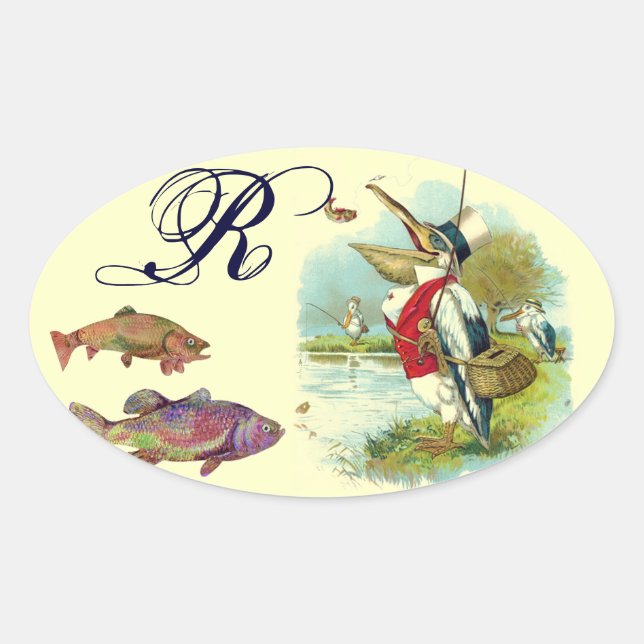 HERR PELICAN FISCHERMONOGRAM, Creme Ovaler Aufkleber (Vorderseite)