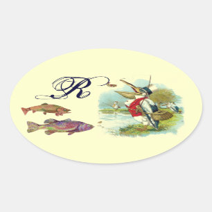 HERR PELICAN FISCHERMONOGRAM, Creme Ovaler Aufkleber