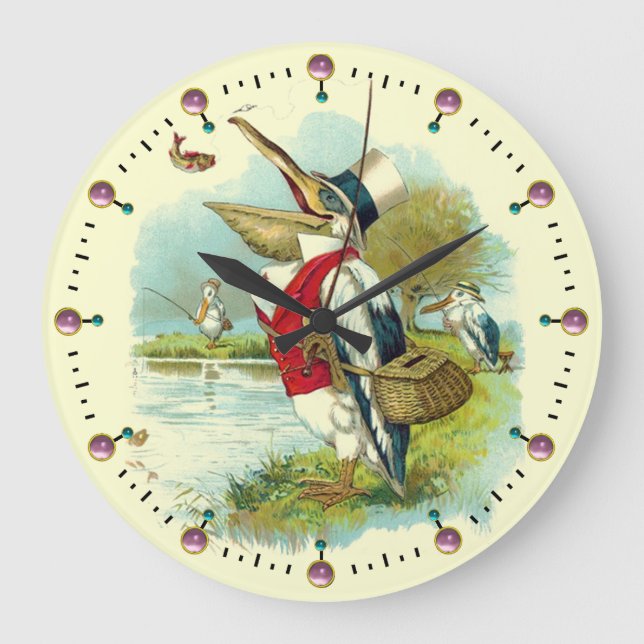 HERR PELICAN FISCHING, Cream, rosa Edelsteine Große Wanduhr (Vorderseite)
