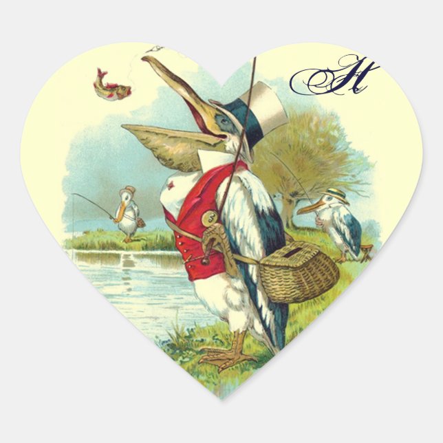 HERR PELICAN FISCHING HERZMONOGRAM, Creme Herz-Aufkleber (Vorderseite)