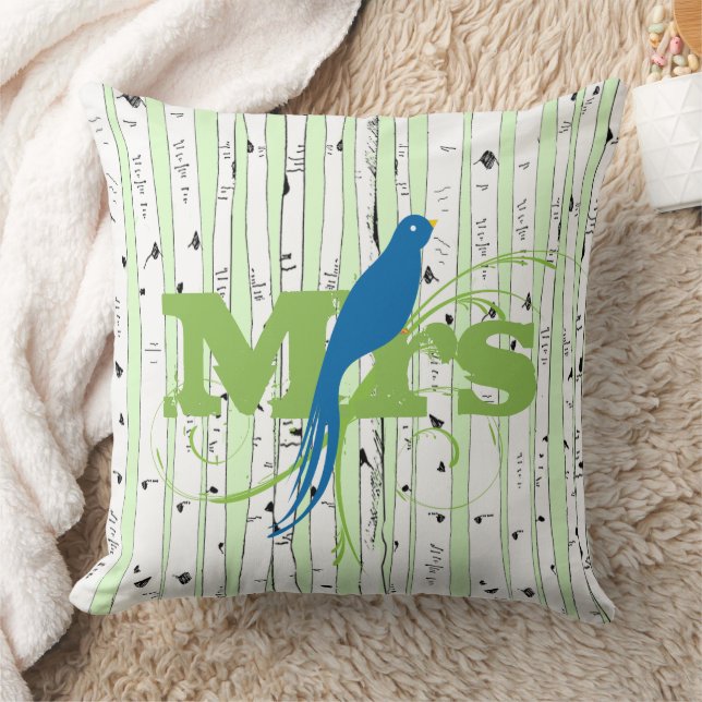 Herr Spring Green und Royal Blue Birch Tree Bird Kissen (Decke)