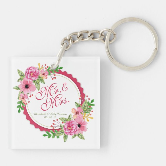 Herr u. Frau Floral Watercolor Wedding Keychain Schlüsselanhänger (Rückseite)