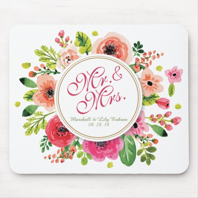 Herr u. Frau Floral Watercolor Wedding | Mousepad (Vorne)