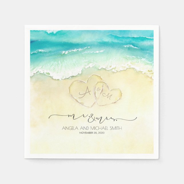 Herr und Frau Beach Hearts Watercolor Serviette (Vorderseite)