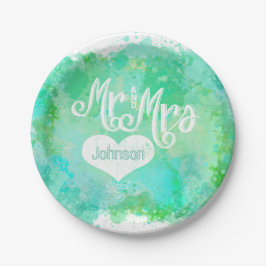 Herr und Frau Blue Green Watercolor Style Pappteller