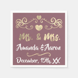 Herr und Frau Blush Mauve White Hearts Name Golden Serviette