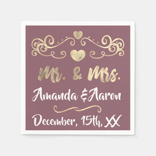 Herr und Frau Blush Mauve White Hearts Name Golden Serviette (Vorderseite)