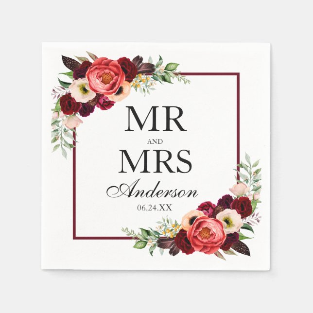 Herr und Frau Boho Burgundy Floral Wedding Serviette (Vorderseite)