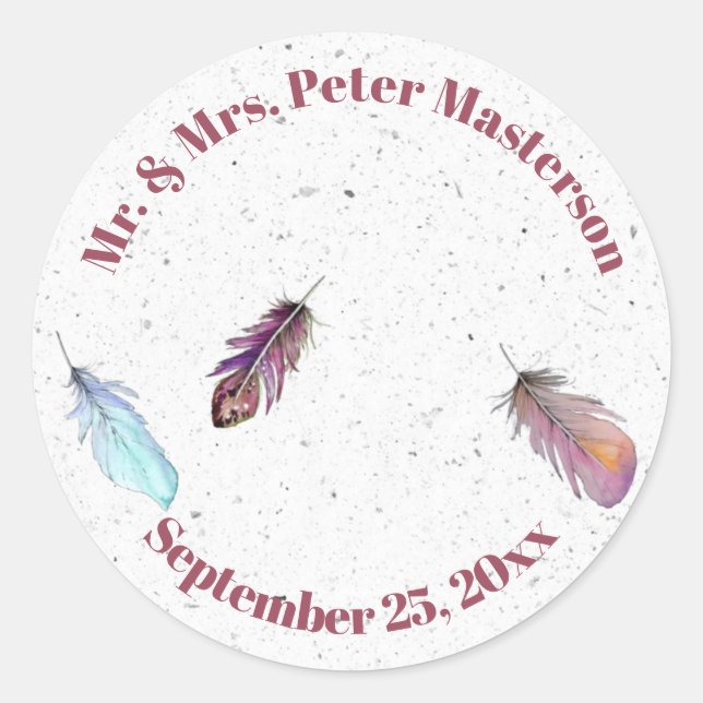 Herr und Frau Boho Feather Design mit Datum Runder Aufkleber (Vorderseite)