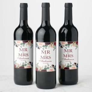 Herr und Frau Burgundy Blue Floral Wedding Weinetikett