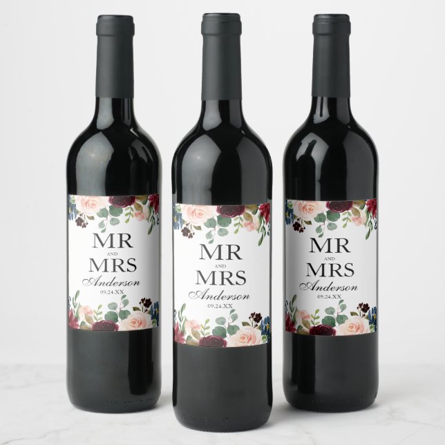 Herr und Frau Burgundy Blue Floral Wedding Weinetikett (Flaschen)