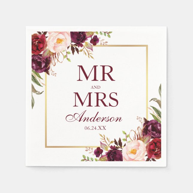 Herr und Frau Burgundy Floral Wedding Serviette (Vorderseite)
