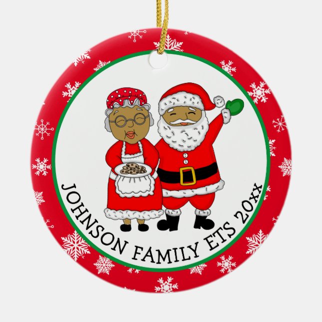 Herr und Frau Claus, afroamerikanischer Weihnachts Keramik Ornament (Vorne)
