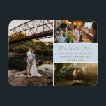 Herr und Frau Dankeschön Foto Collage Blue und Gol Magnet<br><div class="desc">Das blaue und goldene Drehbuch "Mr. and Mrs." ist ein Dankeschön an Magnete, die drei Ihrer liebsten Fotos enthalten. Zeigen Sie Ihrer Familie und Ihren Freunden Ihre Wertschätzung für die Teilnahme an Ihrer Hochzeitsfeier mit einem dieser schönen Keepsakes. Passen Sie Ihre kurzen Nachrichten und Namen an. Kontaktieren Sie mich über...</div>
