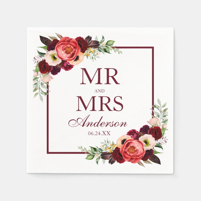 Herr und Frau Floral Burgundy Boho Wedding Serviette (Vorderseite)