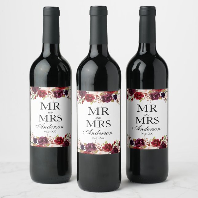 Herr und Frau Floral Burgundy Wedding Weinetikett (Flaschen)