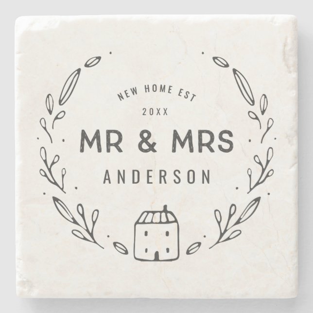 Herr und Frau neue Zuhause oder neu gezeichnet Steinuntersetzer (Vorderseite)