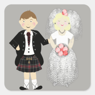 Herr und Frau Niedlich Bride and Kilted Groom Quadratischer Aufkleber