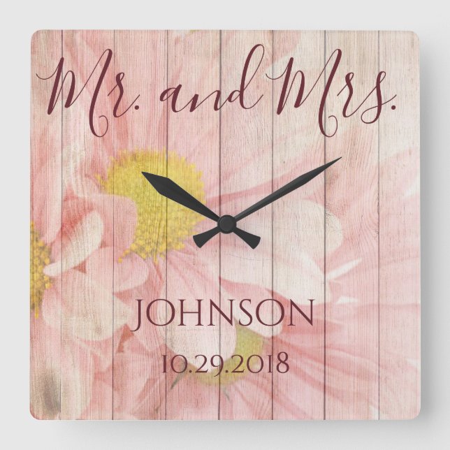 Herr und Frau Personalized Floral Quadratische Wanduhr (Vorderseite)