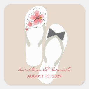 Herr und Frau Pink Hibiskus Flip Flops Strandhochz Quadratischer Aufkleber