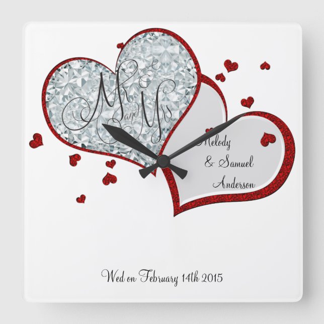Herr und Frau | Ruby und Diamond Hearts Quadratische Wanduhr (Vorderseite)