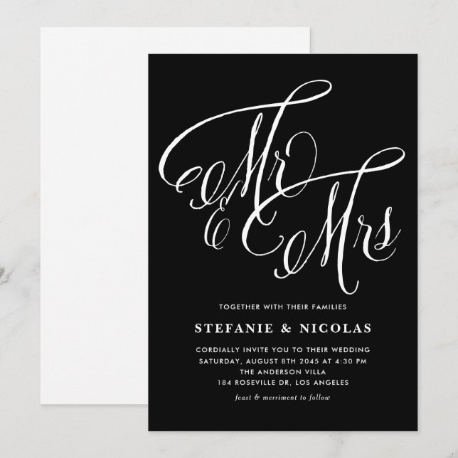 Herr und Frau Rustic Calligraphy Black Wedding Einladung (Vorne/Hinten)