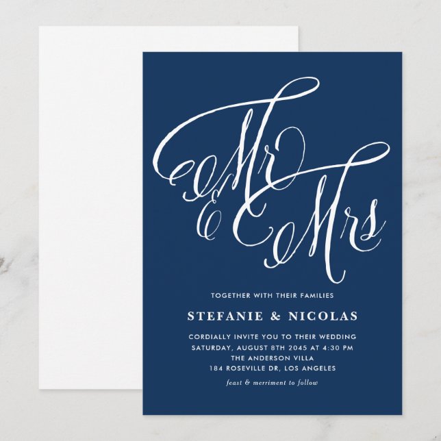 Herr und Frau Rustic Calligraphy Navy Blue Wedding Einladung (Vorne/Hinten)