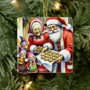 Herr und Frau Weihnachtsmann, Kekse und Elfen Weih Keramikornament