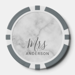 Herr und Frau   White Marble Moderne Skripthochzei Pokerchips