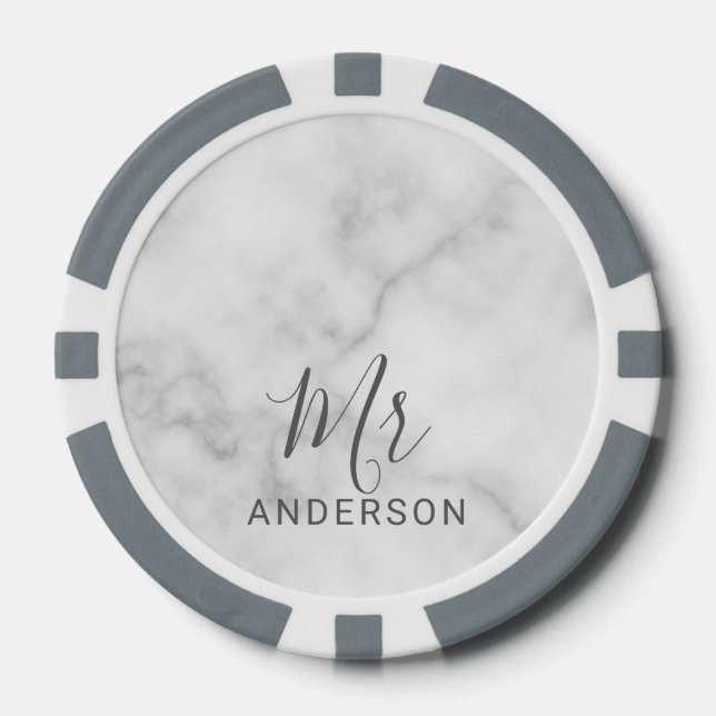 Herr und Frau | White Marble Moderne Skripthochzei Pokerchips (Vorderseite)