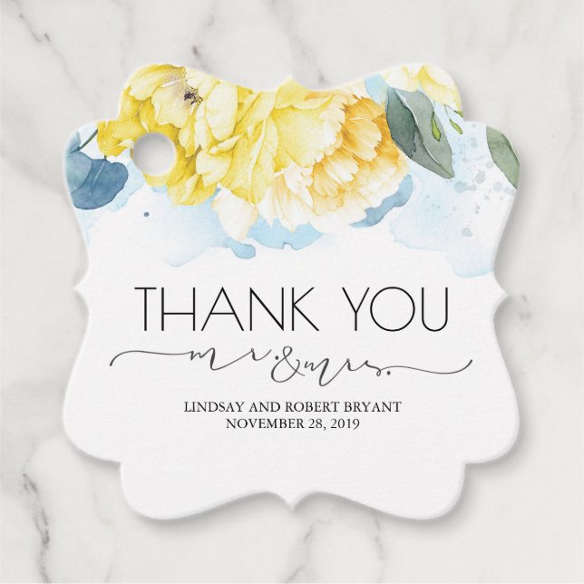 Herr und Frau Yellow and Blue Floral Vielen Dank Geschenkanhänger (Vorderseite)