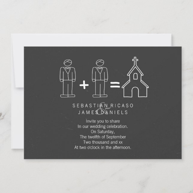 Herr und Herr Doodle Church Chalkboard Gay Wedding Einladung (Vorderseite)
