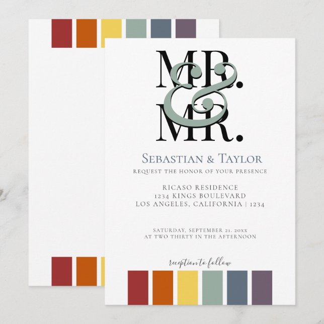 Herr und Herr Rainbow Gay Elegant Wedding Ankündigung (Vorne/Hinten)