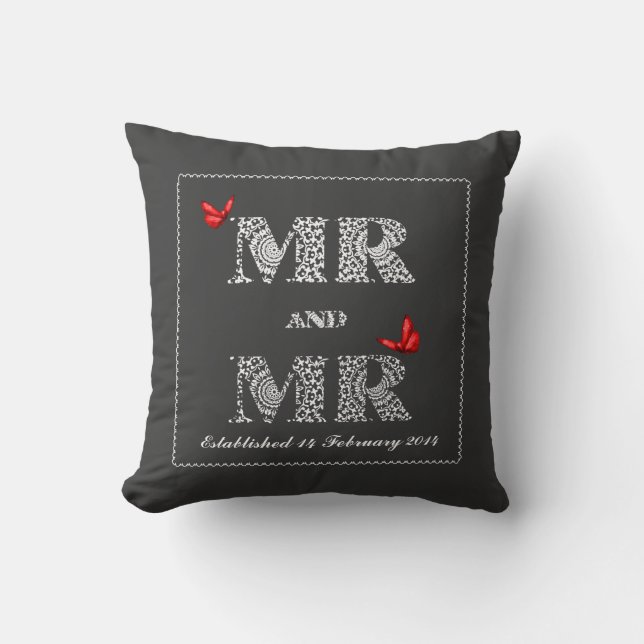 Herr und Herr White Lace Word Art Red Butterflies Kissen (Vorderseite)