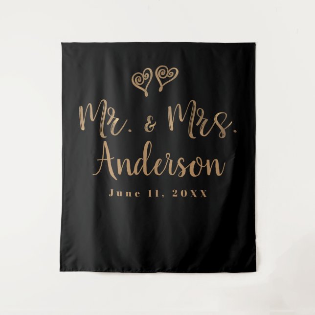 HERR und MRS. Gold Script Typografie Moderne Minim Wandteppich (Vorderseite)