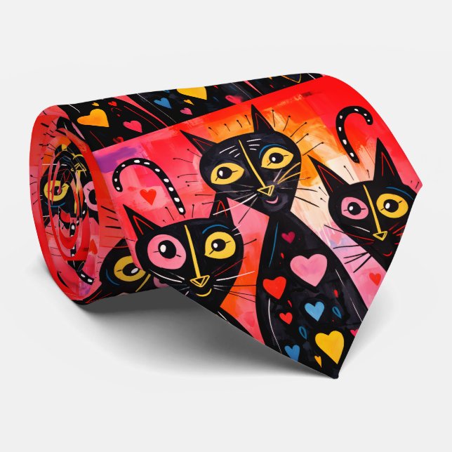 Herren Designer Krawatten Katze Rote Herzen (Gerollt)