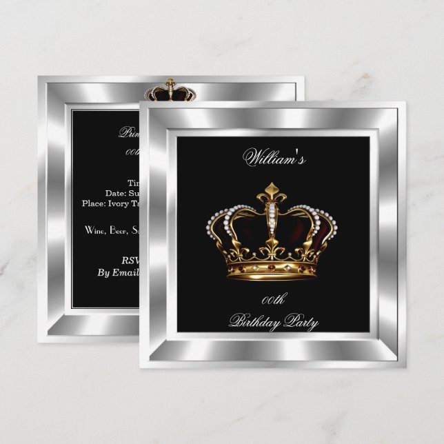 Herren-Elegant Schwarz Silver Geburtstag Prinz Kin Einladung (Vorne/Hinten)