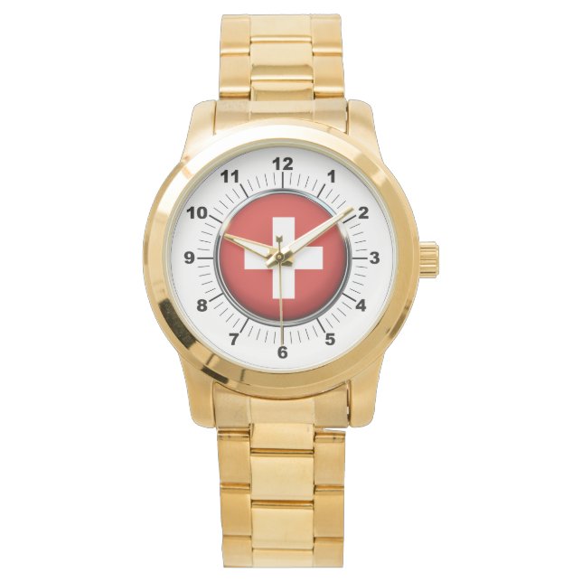 Herren-Schweiz-Flagge Oversized Gold Watch Armbanduhr (Vorderseite)