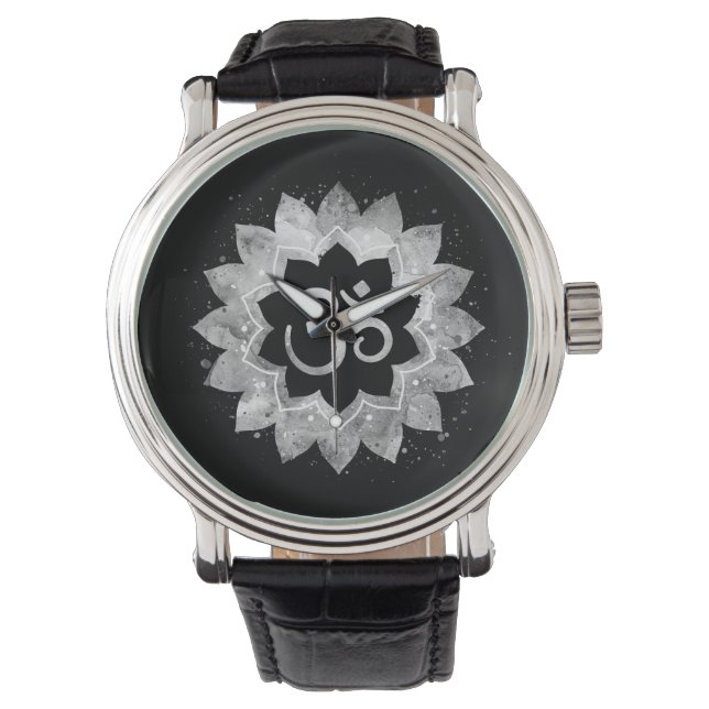 *~* Herren Subtile Om OM Gray Meditative Mandala Armbanduhr (Vorderseite)