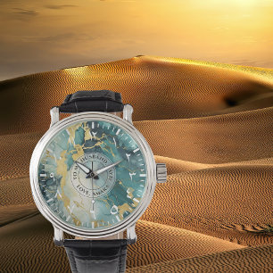 Herren-Uhr Teal Gold Marmor-Look – schwarzes Leder Armbanduhr