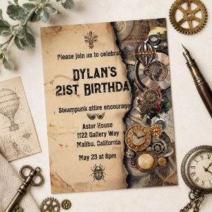 Herren Vintage-Steampunk 21. Geburtstag Steampunk Einladung