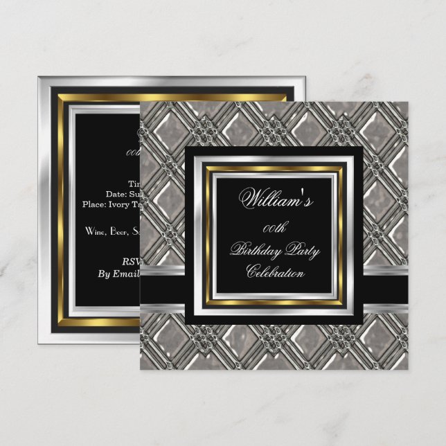 Herrenelegantes Black Gold Silver Birthday Metal 2 Einladung (Vorne/Hinten)